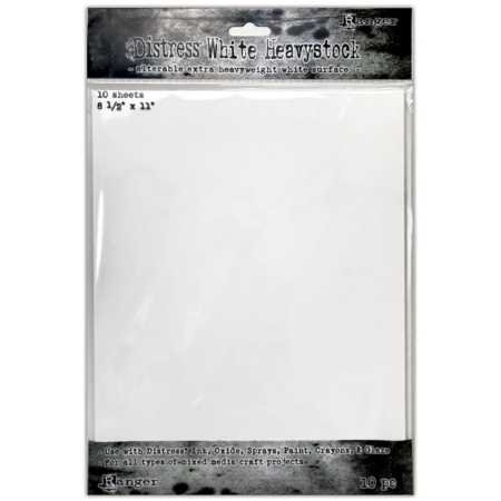 A single pack of Tim Holtz Distress Heavystock White is shown vertically, in the center of the frame. The paper is in a clear plastic bag, with a printed header and footer. The Header has the Distress logo and product name printed on it. You can see the paper through the packaging. The top header has a hang tab that allows the pack to be hung. The image is center of the frame and on a white background.