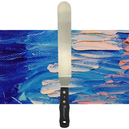 A single Prime Art Painting Knife Large 046 is shown vertically, in the center of the frame. The knife has a black plastic handle with the Prime Art name printed on it and a long, flexible metal blade. The image is center of the frame and on a textured blue and pink background.