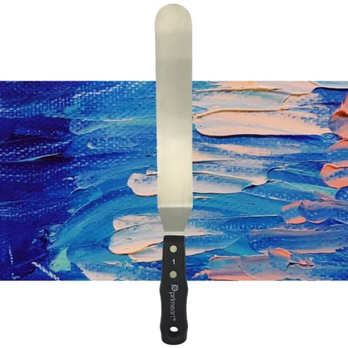 A single Prime Art Painting Knife Large 046 is shown vertically, in the center of the frame. The knife has a black plastic handle with the Prime Art name printed on it and a long, flexible metal blade. The image is center of the frame and on a textured blue and pink background.