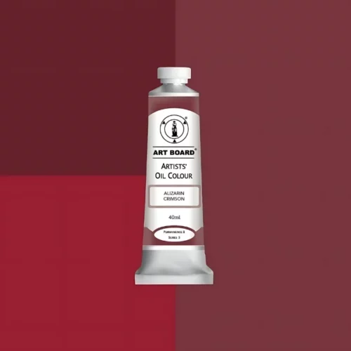 Alizarin Crimson Artboard Oil Paint 40ml is in the centre of the image. the label is facing forward with a description of the product on it. the tube is silver with a white cap and has a label with black writing on it. it is sitting on three blocks of shades of the colour on it. one long shade down the right hand side and two smaller boxes on the left with different shades .