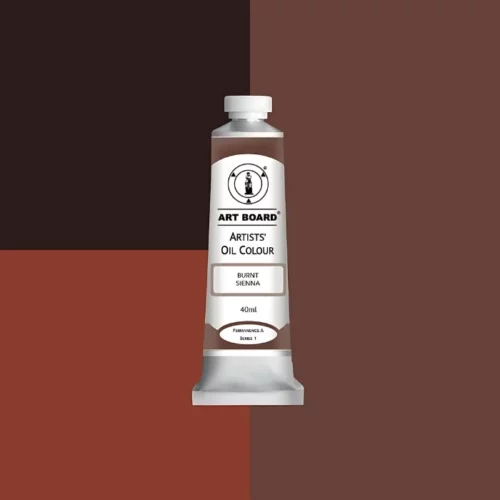 Burnt Sienna Artboard Oil Paint 40ml is in the centre of the image. the label is facing forward with a description of the product on it. the tube is silver with a white cap and has a label with black writing on it. it is sitting on three blocks of shades of the colour on it. one long shade down the right hand side and two smaller boxes on the left with different shades .