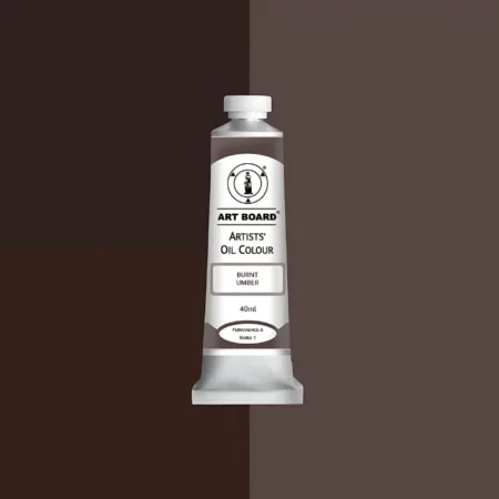 Burnt Umber Artboard Oil Paint 40ml is in the centre of the image. the label is facing forward with a description of the product on it. the tube is silver with a white cap and has a label with black writing on it. it is sitting on three blocks of shades of the colour on it. one long shade down the right hand side and two smaller boxes on the left with different shades .