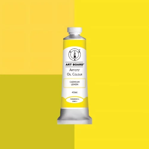 Cadmium Lemon Artboard Oil Paint 40ml is in the centre of the image. the label is facing forward with a description of the product on it. the tube is silver with a white cap and has a label with black writing on it. it is sitting on three blocks of shades of the colour on it. one long shade down the right hand side and two smaller boxes on the left with different shades .