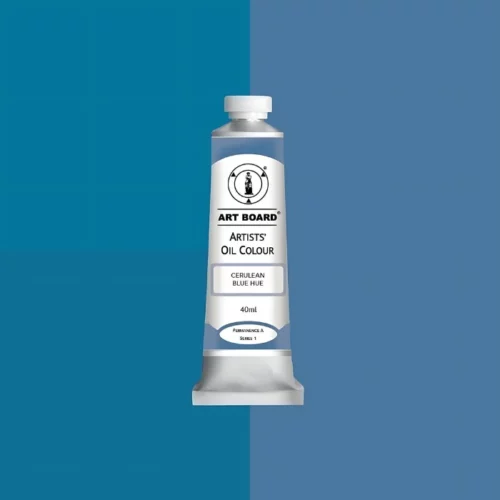 Cerulean Blue Hue Artboard Oil Paint 40ml is in the centre of the image. the label is facing forward with a description of the product on it. the tube is silver with a white cap and has a label with black writing on it. it is sitting on three blocks of shades of the colour on it. one long shade down the right hand side and two smaller boxes on the left with different shades .