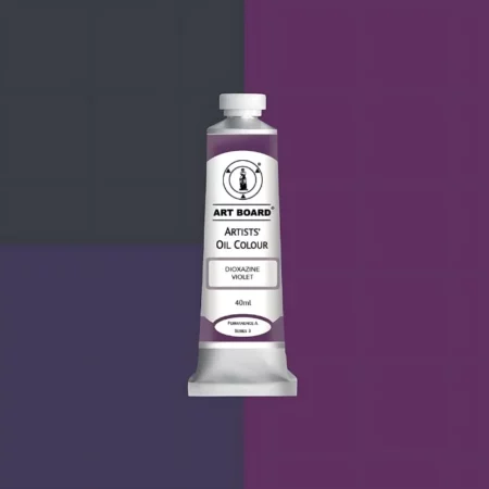 Dioxazine Violet Artboard Oil Paint 40ml is in the centre of the image. the label is facing forward with a description of the product on it. the tube is silver with a white cap and has a label with black writing on it. it is sitting on three blocks of shades of the colour on it. one long shade down the right hand side and two smaller boxes on the left with different shades .