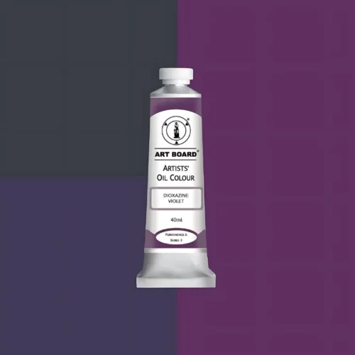 Dioxazine Violet Artboard Oil Paint 40ml is in the centre of the image. the label is facing forward with a description of the product on it. the tube is silver with a white cap and has a label with black writing on it. it is sitting on three blocks of shades of the colour on it. one long shade down the right hand side and two smaller boxes on the left with different shades .