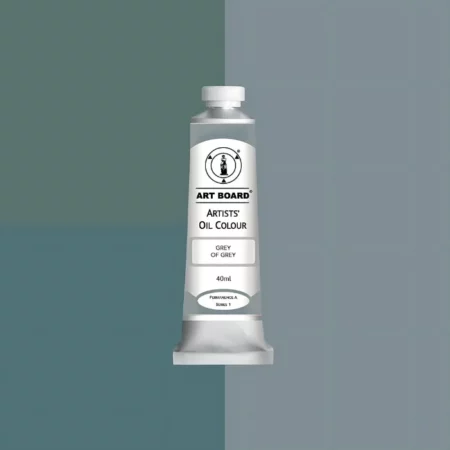 Grey of Grey Artboard Oil Paint 40ml is in the centre of the image. the label is facing forward with a description of the product on it. the tube is silver with a white cap and has a label with black writing on it. it is sitting on three blocks of shades of the colour on it. one long shade down the right hand side and two smaller boxes on the left with different shades .