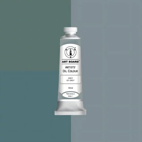 Grey of Grey Artboard Oil Paint 40ml is in the centre of the image. the label is facing forward with a description of the product on it. the tube is silver with a white cap and has a label with black writing on it. it is sitting on three blocks of shades of the colour on it. one long shade down the right hand side and two smaller boxes on the left with different shades .