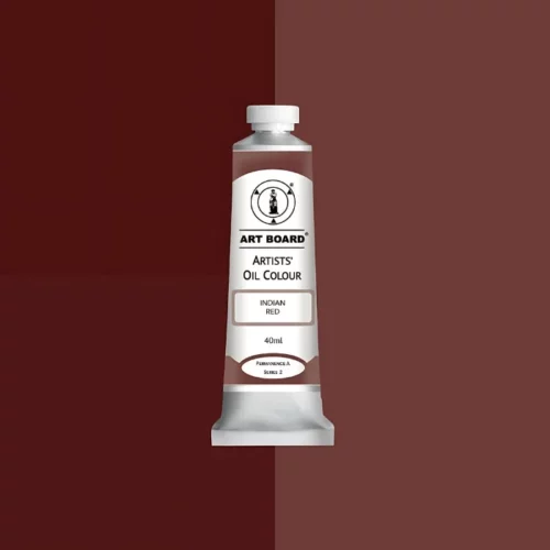 Indian Red Artboard Oil Paint 40ml is in the centre of the image. the label is facing forward with a description of the product on it. the tube is silver with a white cap and has a label with black writing on it. it is sitting on three blocks of shades of the colour on it. one long shade down the right hand side and two smaller boxes on the left with different shades .