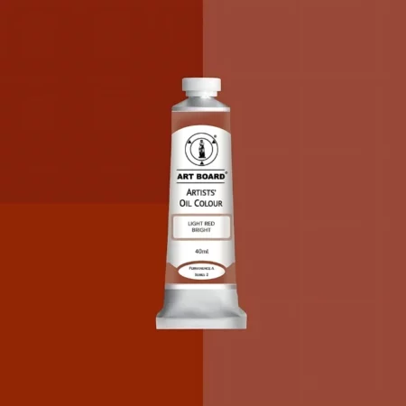 Light Red Bright Artboard Oil Paint 40ml is in the centre of the image. the label is facing forward with a description of the product on it. the tube is silver with a white cap and has a label with black writing on it. it is sitting on three blocks of shades of the colour on it. one long shade down the right hand side and two smaller boxes on the left with different shades .