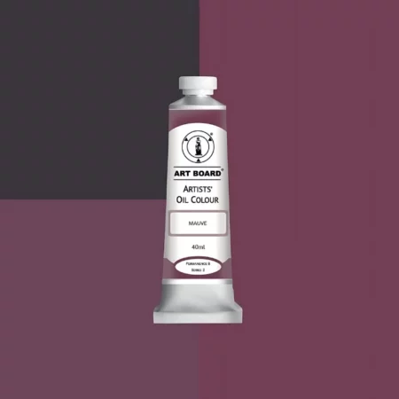 Mauve Artboard Oil Paint 40ml is in the centre of the image. the label is facing forward with a description of the product on it. the tube is silver with a white cap and has a label with black writing on it. it is sitting on three blocks of shades of the colour on it. one long shade down the right hand side and two smaller boxes on the left with different shades .