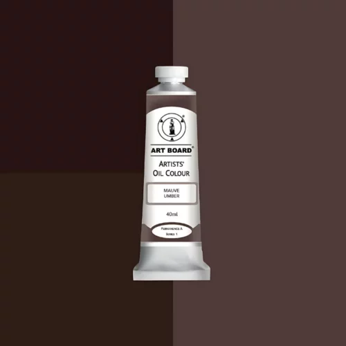 Mauve Umber Artboard Oil Paint 40ml is in the centre of the image. the label is facing forward with a description of the product on it. the tube is silver with a white cap and has a label with black writing on it. it is sitting on three blocks of shades of the colour on it. one long shade down the right hand side and two smaller boxes on the left with different shades .