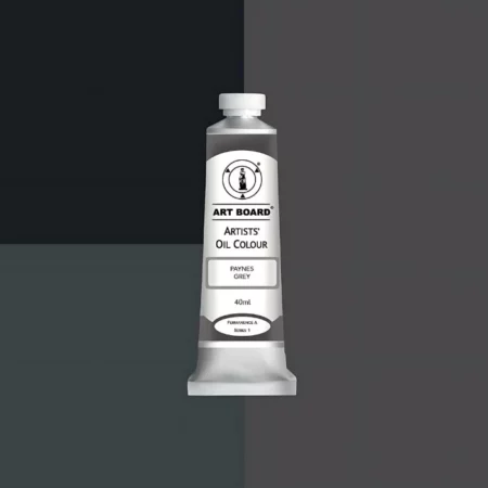 Paynes Grey Artboard Oil Paint 40ml is in the centre of the image. the label is facing forward with a description of the product on it. the tube is silver with a white cap and has a label with black writing on it. it is sitting on three blocks of shades of the colour on it. one long shade down the right hand side and two smaller boxes on the left with different shades .