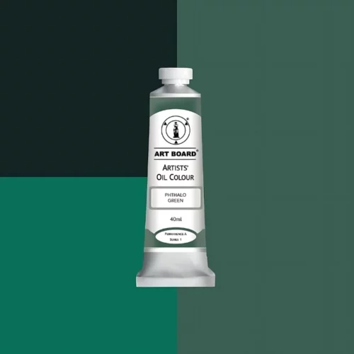 Phthalo Green Artboard Oil Paint 40ml is in the centre of the image. the label is facing forward with a description of the product on it. the tube is silver with a white cap and has a label with black writing on it. it is sitting on three blocks of shades of the colour on it. one long shade down the right hand side and two smaller boxes on the left with different shades .