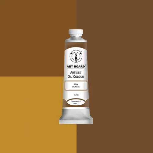 Raw Sienna Artboard Oil Paint 40ml is in the centre of the image. the label is facing forward with a description of the product on it. the tube is silver with a white cap and has a label with black writing on it. it is sitting on three blocks of shades of the colour on it. one long shade down the right hand side and two smaller boxes on the left with different shades .