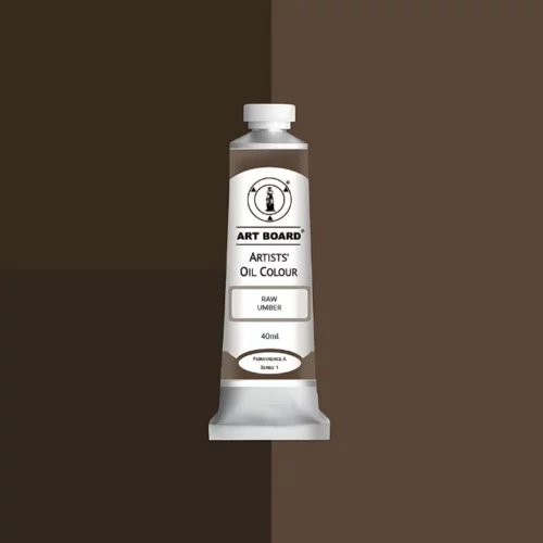 Raw Umber Artboard Oil Paint 40ml is in the centre of the image. the label is facing forward with a description of the product on it. the tube is silver with a white cap and has a label with black writing on it. it is sitting on three blocks of shades of the colour on it. one long shade down the right hand side and two smaller boxes on the left with different shades .