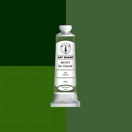 Sap Green Artboard Oil Paint 40ml is in the centre of the image. the label is facing forward with a description of the product on it. the tube is silver with a white cap and has a label with black writing on it. it is sitting on three blocks of shades of the colour on it. one long shade down the right hand side and two smaller boxes on the left with different shades .