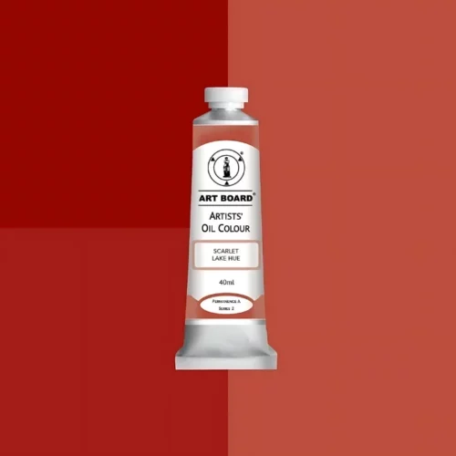 Scarlet Lake Hue Artboard Oil Paint 40ml is in the centre of the image. the label is facing forward with a description of the product on it. the tube is silver with a white cap and has a label with black writing on it. it is sitting on three blocks of shades of the colour on it. one long shade down the right hand side and two smaller boxes on the left with different shades .