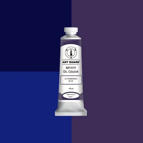 Ultramarine Blue Artboard Oil Paint 40ml is in the centre of the image. the label is facing forward with a description of the product on it. the tube is silver with a white cap and has a label with black writing on it. it is sitting on three blocks of shades of the colour on it. one long shade down the right hand side and two smaller boxes on the left with different shades .