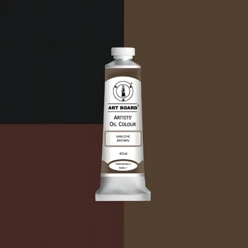 Van Dyk Brown Artboard Oil Paint 40ml is in the centre of the image. the label is facing forward with a description of the product on it. the tube is silver with a white cap and has a label with black writing on it. it is sitting on three blocks of shades of the colour on it. one long shade down the right hand side and two smaller boxes on the left with different shades .