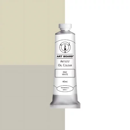 Zinc White Artboard Oil Paint 40ml is in the centre of the image. the label is facing forward with a description of the product on it. the tube is silver with a white cap and has a label with black writing on it. it is sitting on three blocks of shades of the colour on it. one long shade down the right hand side and two smaller boxes on the left with different shades .