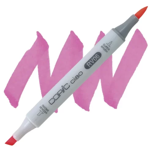 cerise rv06 Copic Ciao Marker is sitting diagonally across the image. from left to right. it has a grey body and both caps are off showing the two different nibs, one brush at the top and the chisel tip at the bottom. it is sitting infront of a squiggle of the same colour as the marker on a white background