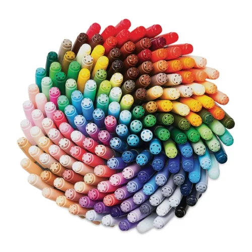 in the center of the image there is a group of copic ciao markers that have been bundled together and are in a circle showing off all 180 colours in the range. on a white background