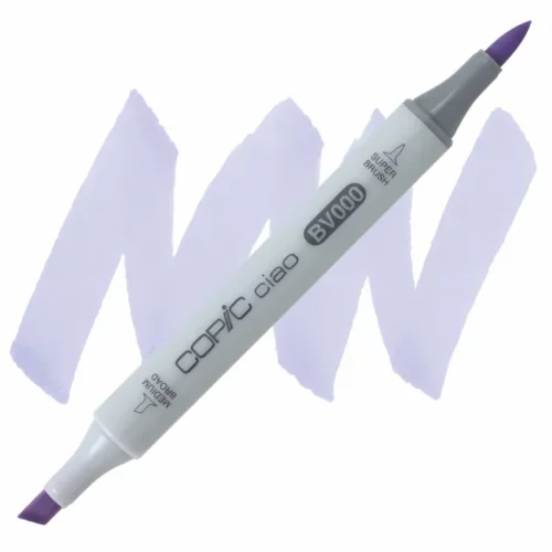 iridescent mauve bv000 Copic Ciao Marker is sitting diagonally across the image. from left to right. it has a grey body and both caps are off showing the two different nibs, one brush at the top and the chisel tip at the bottom. it is sitting infront of a squiggle of the same colour as the marker on a white background