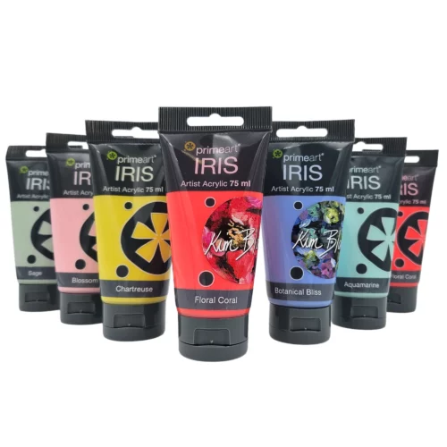 There are 7 tubes of Iris Acrylic Paint 75ml shown in an arrow formation in the center of the frame. The tubes are plastic and have a black, flip top cap that each tube stands on and a black hang tab at the end of each tube. The center of each tube is clear, so you can see the colour of the paint inside. The image is center of the frame and on a white background.