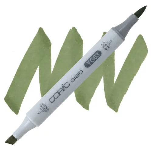 Pea Green YG63 Copic Ciao Marker is sitting diagonally across the image. from left to right. it has a grey body and both caps are off showing the two different nibs, one brush at the top and the chisel tip at the bottom. it is sitting infront of a squiggle of the same colour as the marker on a white background