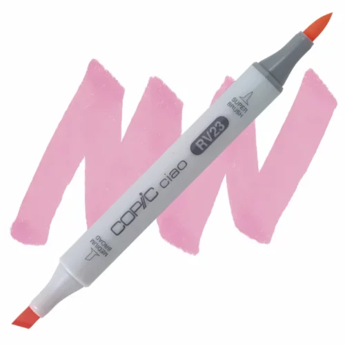 pure pink rv23 Copic Ciao Marker is sitting diagonally across the image. from left to right. it has a grey body and both caps are off showing the two different nibs, one brush at the top and the chisel tip at the bottom. it is sitting infront of a squiggle of the same colour as the marker on a white background