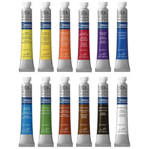 There are 12 Winsor and Newton Cotman Watercolour Tubes shown vertically in the frame in two rows. Each row has 6 tubes. The tubes are metal silver and have a white plastic cap. There is a colour band around the body of each tube which indicates the colour of the paint inside. Each tube is a different colour. On a white background.