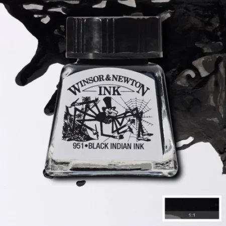 A single bottle of Black Indian Winsor & Newton Drawing Ink can be seen in the center of the frame, with ink in the background, in the top right hand corner of the frame, flowing into the frame. The ink is the colour of the ink inside the bottle. The bottle is a clear glass bottle and so you can see the colour of the ink inside. There is a black, plastic screw on lid and a label stuck to the front of the bottle with the brand name and logo on it. There is a small rectangular colour block with a sample of the ink colour in a 1:1 ratio, in the bottom right hand corner of the frame.