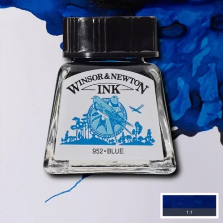 A single bottle of Blue Winsor & Newton Drawing Ink can be seen in the center of the frame, with ink in the background, in the top right hand corner of the frame, flowing into the frame. The ink is the colour of the ink inside the bottle. The bottle is a clear glass bottle and so you can see the colour of the ink inside. There is a black, plastic screw on lid and a label stuck to the front of the bottle with the brand name and logo on it. There is a small rectangular colour block with a sample of the ink colour in a 1:1 ratio, in the bottom right hand corner of the frame.