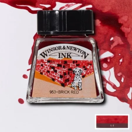 A single bottle of Brick Red Winsor & Newton Drawing Ink can be seen in the center of the frame, with ink in the background, in the top right hand corner of the frame, flowing into the frame. The ink is the colour of the ink inside the bottle. The bottle is a clear glass bottle and so you can see the colour of the ink inside. There is a black, plastic screw on lid and a label stuck to the front of the bottle with the brand name and logo on it. There is a small rectangular colour block with a sample of the ink colour in a 1:1 ratio, in the bottom right hand corner of the frame.