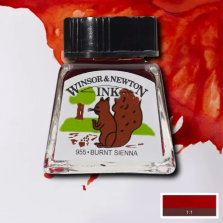 A single bottle of Burnt Sienna Winsor & Newton Drawing Ink can be seen in the center of the frame, with ink in the background, in the top right hand corner of the frame, flowing into the frame. The ink is the colour of the ink inside the bottle. The bottle is a clear glass bottle and so you can see the colour of the ink inside. There is a black, plastic screw on lid and a label stuck to the front of the bottle with the brand name and logo on it. There is a small rectangular colour block with a sample of the ink colour in a 1:1 ratio, in the bottom right hand corner of the frame.