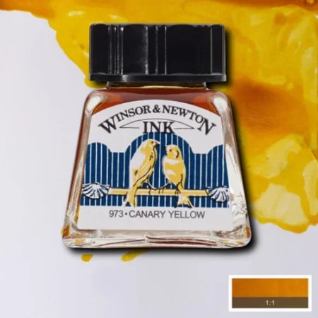 A single bottle of Canary Yellow Winsor & Newton Drawing Ink can be seen in the center of the frame, with ink in the background, in the top right hand corner of the frame, flowing into the frame. The ink is the colour of the ink inside the bottle. The bottle is a clear glass bottle and so you can see the colour of the ink inside. There is a black, plastic screw on lid and a label stuck to the front of the bottle with the brand name and logo on it. There is a small rectangular colour block with a sample of the ink colour in a 1:1 ratio, in the bottom right hand corner of the frame.