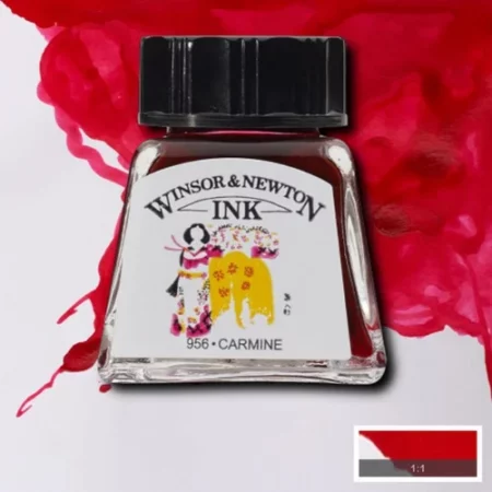 A single bottle of Carmine Winsor & Newton Drawing Ink can be seen in the center of the frame, with ink in the background, in the top right hand corner of the frame, flowing into the frame. The ink is the colour of the ink inside the bottle. The bottle is a clear glass bottle and so you can see the colour of the ink inside. There is a black, plastic screw on lid and a label stuck to the front of the bottle with the brand name and logo on it. There is a small rectangular colour block with a sample of the ink colour in a 1:1 ratio, in the bottom right hand corner of the frame.