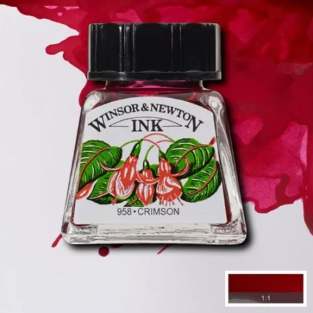 A single bottle of Crimson Winsor & Newton Drawing Ink can be seen in the center of the frame, with ink in the background, in the top right hand corner of the frame, flowing into the frame. The ink is the colour of the ink inside the bottle. The bottle is a clear glass bottle and so you can see the colour of the ink inside. There is a black, plastic screw on lid and a label stuck to the front of the bottle with the brand name and logo on it. There is a small rectangular colour block with a sample of the ink colour in a 1:1 ratio, in the bottom right hand corner of the frame.