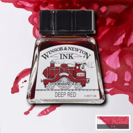 A single bottle of Deep Red Winsor & Newton Drawing Ink can be seen in the center of the frame, with ink in the background, in the top right hand corner of the frame, flowing into the frame. The ink is the colour of the ink inside the bottle. The bottle is a clear glass bottle and so you can see the colour of the ink inside. There is a black, plastic screw on lid and a label stuck to the front of the bottle with the brand name and logo on it. There is a small rectangular colour block with a sample of the ink colour in a 1:1 ratio, in the bottom right hand corner of the frame.