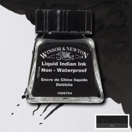 A single bottle of Liquid Indian Winsor & Newton Drawing Ink can be seen in the center of the frame, with ink in the background, in the top right hand corner of the frame, flowing into the frame. The ink is the colour of the ink inside the bottle. The bottle is a clear glass bottle and so you can see the colour of the ink inside. There is a black, plastic screw on lid and a label stuck to the front of the bottle with the brand name and logo on it. There is a small rectangular colour block with a sample of the ink colour in a 1:1 ratio, in the bottom right hand corner of the frame.