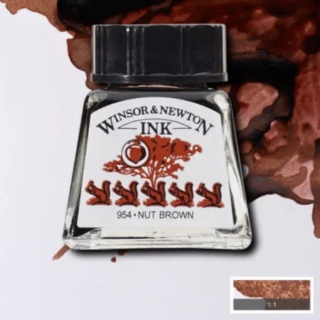 A single bottle of Nut Brown Winsor & Newton Drawing Ink can be seen in the center of the frame, with ink in the background, in the top right hand corner of the frame, flowing into the frame. The ink is the colour of the ink inside the bottle. The bottle is a clear glass bottle and so you can see the colour of the ink inside. There is a black, plastic screw on lid and a label stuck to the front of the bottle with the brand name and logo on it. There is a small rectangular colour block with a sample of the ink colour in a 1:1 ratio, in the bottom right hand corner of the frame.