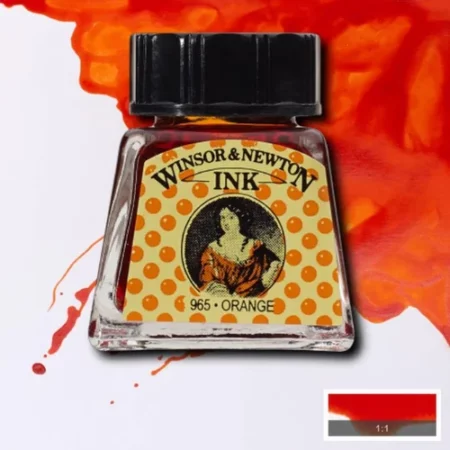 A single bottle of Orange Winsor & Newton Drawing Ink can be seen in the center of the frame, with ink in the background, in the top right hand corner of the frame, flowing into the frame. The ink is the colour of the ink inside the bottle. The bottle is a clear glass bottle and so you can see the colour of the ink inside. There is a black, plastic screw on lid and a label stuck to the front of the bottle with the brand name and logo on it. There is a small rectangular colour block with a sample of the ink colour in a 1:1 ratio, in the bottom right hand corner of the frame.