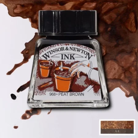 A single bottle of Peat Brown Winsor & Newton Drawing Ink can be seen in the center of the frame, with ink in the background, in the top right hand corner of the frame, flowing into the frame. The ink is the colour of the ink inside the bottle. The bottle is a clear glass bottle and so you can see the colour of the ink inside. There is a black, plastic screw on lid and a label stuck to the front of the bottle with the brand name and logo on it. There is a small rectangular colour block with a sample of the ink colour in a 1:1 ratio, in the bottom right hand corner of the frame.