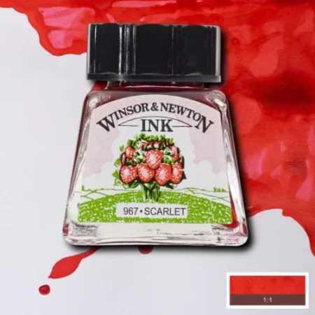 A single bottle of Scarlet Winsor & Newton Drawing Ink can be seen in the center of the frame, with ink in the background, in the top right hand corner of the frame, flowing into the frame. The ink is the colour of the ink inside the bottle. The bottle is a clear glass bottle and so you can see the colour of the ink inside. There is a black, plastic screw on lid and a label stuck to the front of the bottle with the brand name and logo on it. There is a small rectangular colour block with a sample of the ink colour in a 1:1 ratio, in the bottom right hand corner of the frame.