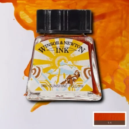 A single bottle of Sunshine Yellow Winsor & Newton Drawing Ink can be seen in the center of the frame, with ink in the background, in the top right hand corner of the frame, flowing into the frame. The ink is the colour of the ink inside the bottle. The bottle is a clear glass bottle and so you can see the colour of the ink inside. There is a black, plastic screw on lid and a label stuck to the front of the bottle with the brand name and logo on it. There is a small rectangular colour block with a sample of the ink colour in a 1:1 ratio, in the bottom right hand corner of the frame.