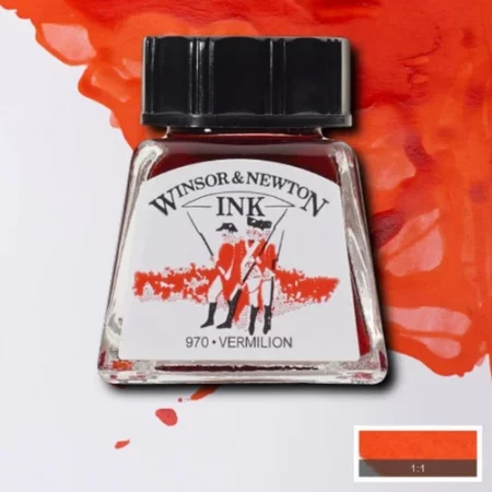 A single bottle of Vermillion Winsor & Newton Drawing Ink can be seen in the center of the frame, with ink in the background, in the top right hand corner of the frame, flowing into the frame. The ink is the colour of the ink inside the bottle. The bottle is a clear glass bottle and so you can see the colour of the ink inside. There is a black, plastic screw on lid and a label stuck to the front of the bottle with the brand name and logo on it. There is a small rectangular colour block with a sample of the ink colour in a 1:1 ratio, in the bottom right hand corner of the frame.