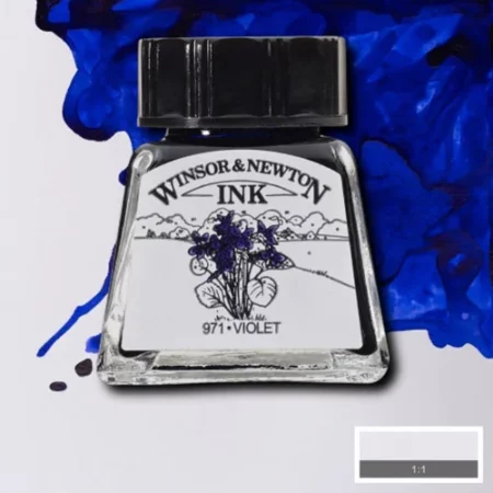 A single bottle of Violet Winsor & Newton Drawing Ink can be seen in the center of the frame, with ink in the background, in the top right hand corner of the frame, flowing into the frame. The ink is the colour of the ink inside the bottle. The bottle is a clear glass bottle and so you can see the colour of the ink inside. There is a black, plastic screw on lid and a label stuck to the front of the bottle with the brand name and logo on it. There is a small rectangular colour block with a sample of the ink colour in a 1:1 ratio, in the bottom right hand corner of the frame.