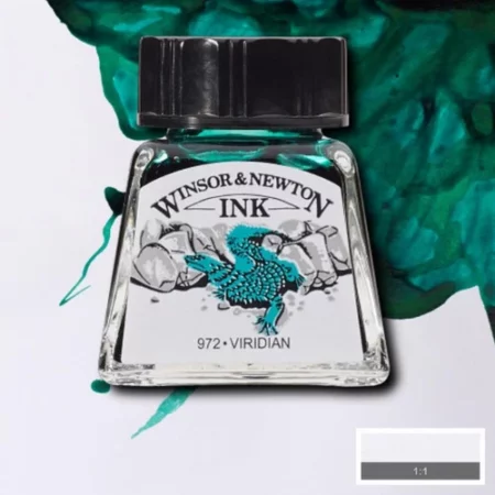 A single bottle of Viridian Winsor & Newton Drawing Ink can be seen in the center of the frame, with ink in the background, in the top right hand corner of the frame, flowing into the frame. The ink is the colour of the ink inside the bottle. The bottle is a clear glass bottle and so you can see the colour of the ink inside. There is a black, plastic screw on lid and a label stuck to the front of the bottle with the brand name and logo on it. There is a small rectangular colour block with a sample of the ink colour in a 1:1 ratio, in the bottom right hand corner of the frame.