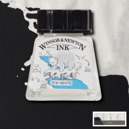 A single bottle of White Winsor & Newton Drawing Ink can be seen in the center of the frame, with ink in the background, in the top right hand corner of the frame, flowing into the frame. The ink is the colour of the ink inside the bottle. The bottle is a clear glass bottle and so you can see the colour of the ink inside. There is a black, plastic screw on lid and a label stuck to the front of the bottle with the brand name and logo on it. There is a small rectangular colour block with a sample of the ink colour in a 1:1 ratio, in the bottom right hand corner of the frame.